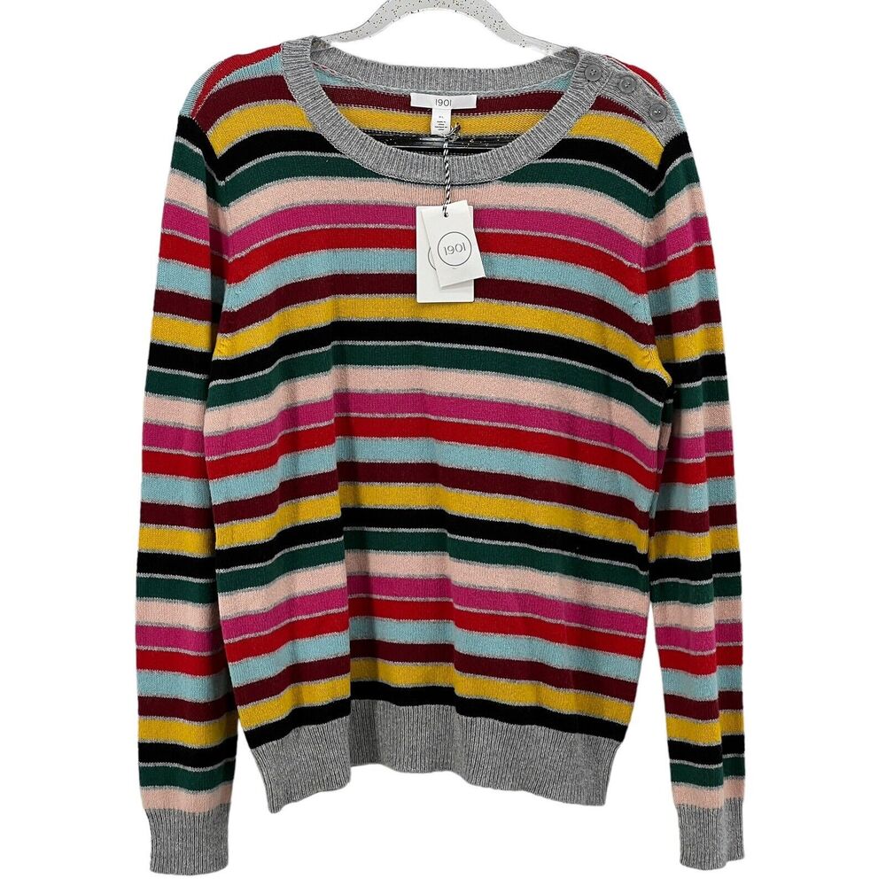 1901 Striped Wool Blend Sweater Women's‎ SZ XL Crew neck Pink Gray NEW Viscose